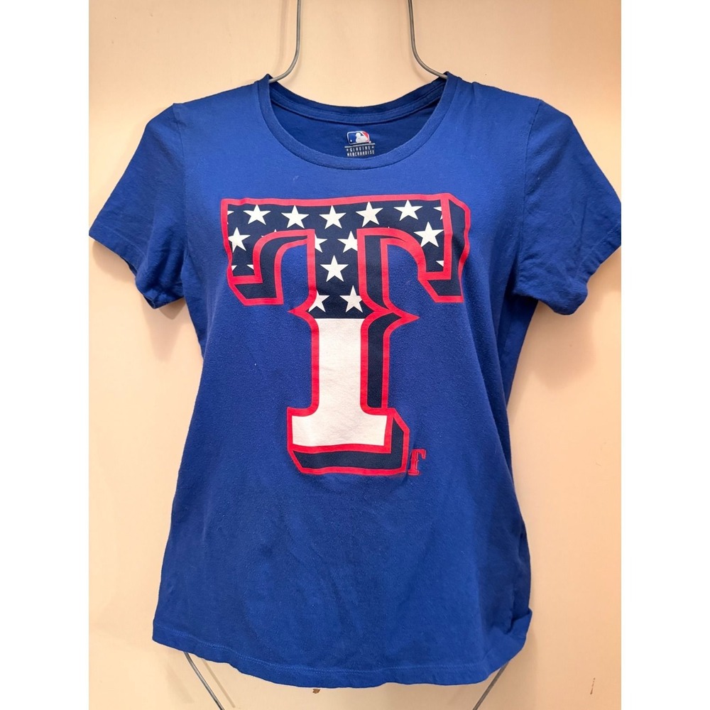 MLB Texas Rangers T-Shirt Womens Medium Blue Stars Stripes American Flag Logo